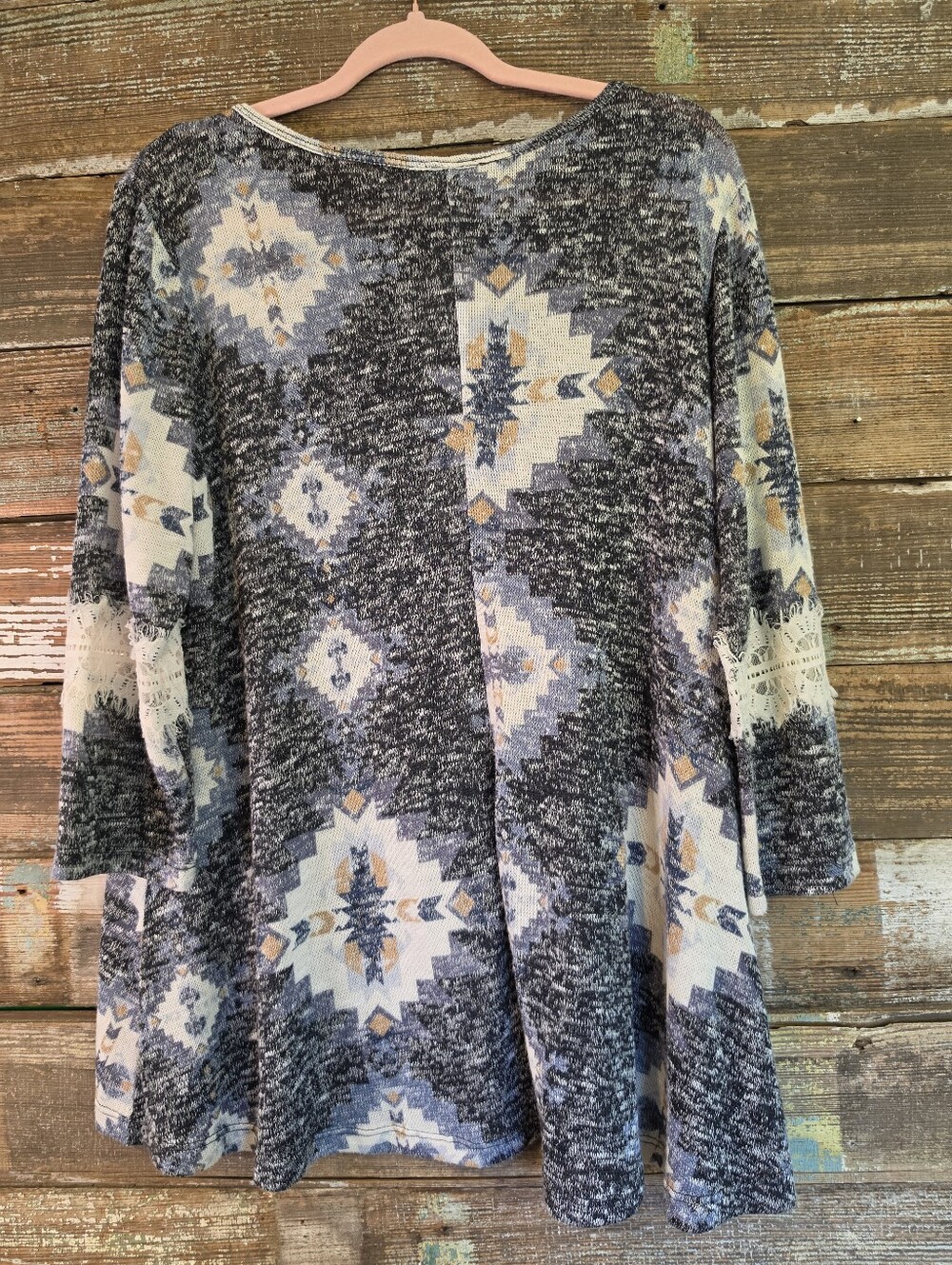 Jody California Western Boho Aztec Lace Sleeve Tunic Top High Low Made in USA - Picture 3 of 5
